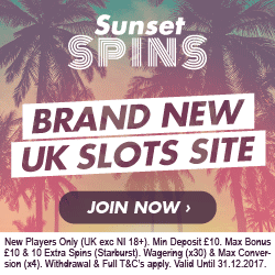 Sunset Spins 10 extra spins on starburst slot plus £10 bonus