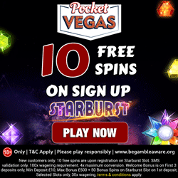 Pocket Vegas 10 free spins on starburst plus £500 welcome bonus & 50 extra spins