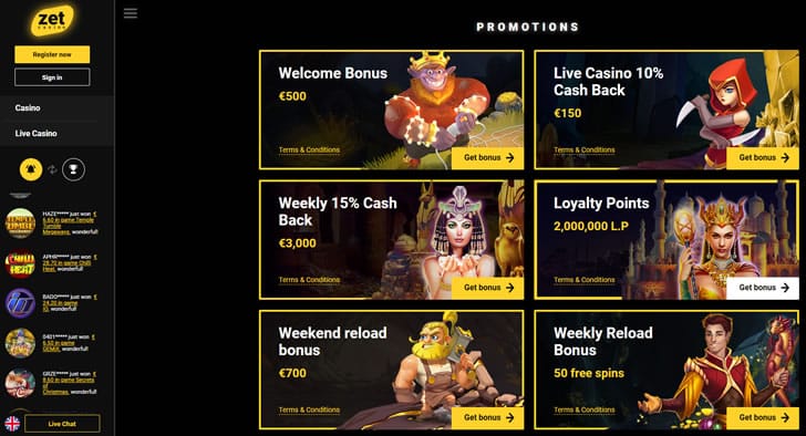 Zet Casino Promotions Page