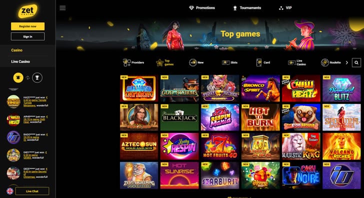 Zet Casino Top Games Page